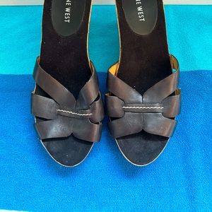 BLACK LEATHER and CORK WEDGE SLIDES